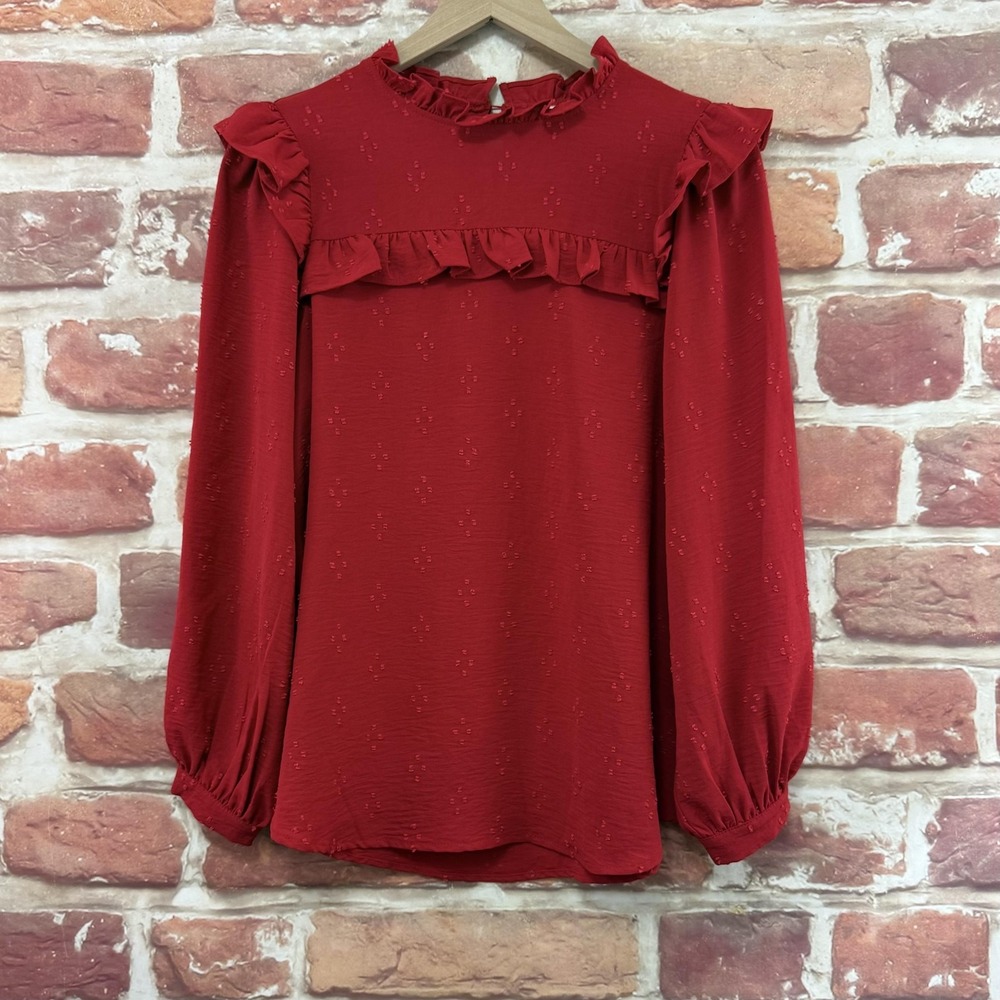 Jodifl Top Women's Small Red Chic Swiss Dot Ruffle High Neck Casual Career Shirt